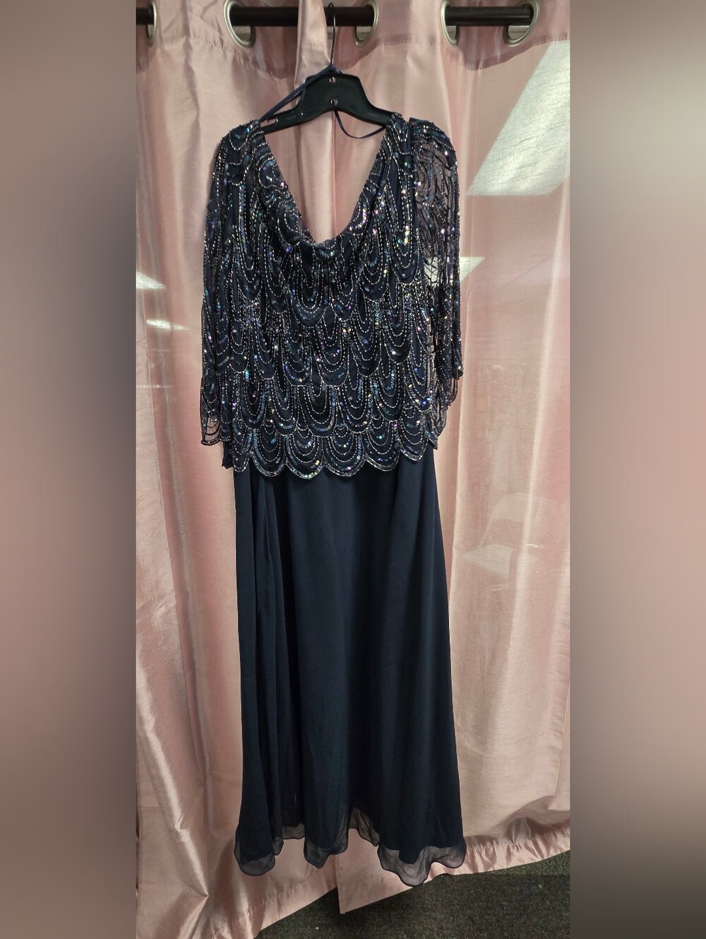 J Kara Navy Beaded Maxi Dress with Scalloped Overlay